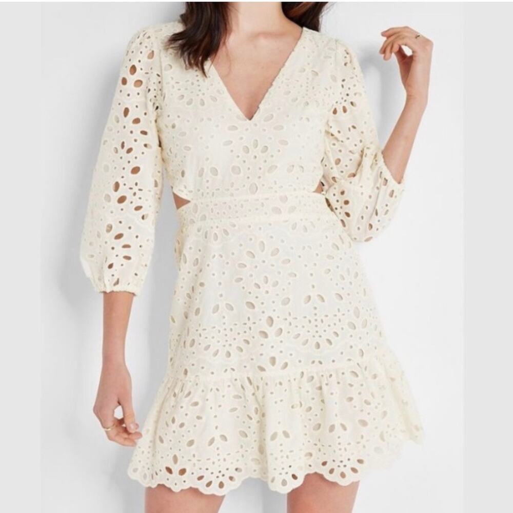EXPRESS NWT Eyelet Cutout Tie Back Mini Dress in Ivory Swan Size L
